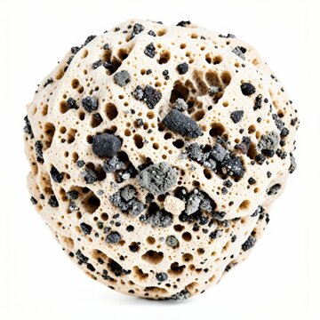 Volcanic tuff stone with ash particles and porous structure isolated on white background, geological texture, erosion, natural material