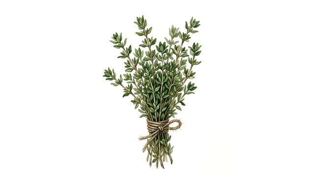 Fresh thyme herb bundle tied with twine isolated on white background