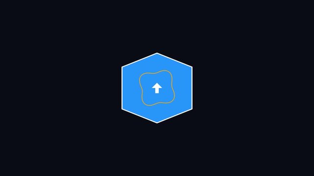 Animated blue hexagon with glowing outline and loading arrow icon against dark background