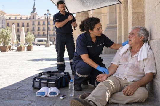 paramedic treats an older man with heat exhaustion in a shaded city plaza, using water and cold packs while a second responder holds a reflective umbrella during extreme heat