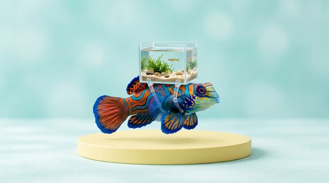 Colorful mandarin dragonet fish carrying a small glass aquarium on its back against a light blue background