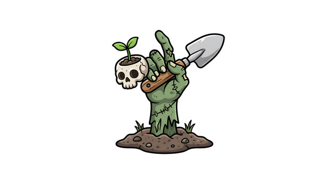 Playful Zombie Gardener Hand with Trowel and Skull Planter, Halloween Gardening Vector Icon, Transparent Background