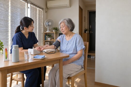 home care nurse measures an elderly woman's blood pressure in a warm apartment with closed blinds, water, a fan, and cooling supplies during a severe heatwave indoors