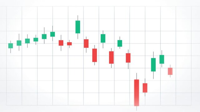 Financial candlestick chart with green and red bars indicating market fluctuations, growth, and decline, presented as a flat vector graphic on a grid.