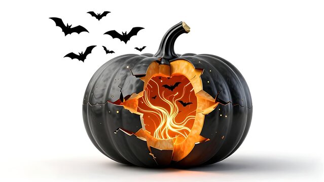 Abstract 3D Halloween concept with single broken black pumpkin revealing glowing orange neon energy vortex and flying bat silhouettes inside isolated on white background
