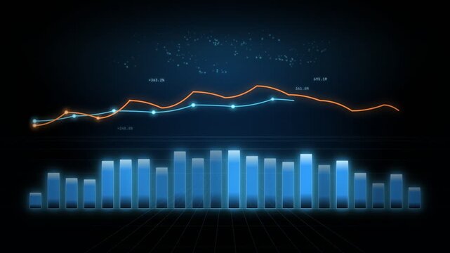 Glowing orange line graph superimposed over a blue bar chart on a dark grid surface.