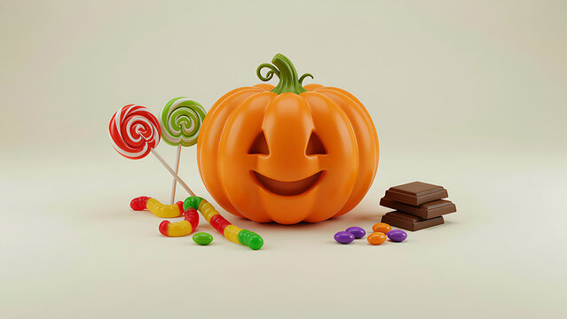Bright orange smiling Halloween pumpkin displayed with swirling lollipops and chocolate blocks on a neutral surface created with generative AI.