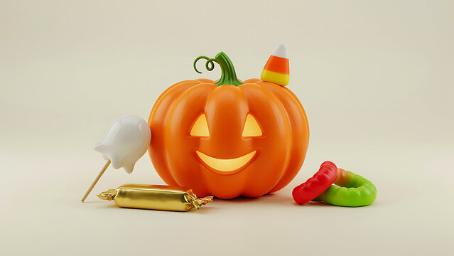 Glowing carved Halloween pumpkin sitting beside ghost lollipops and golden candy wrappers on a plain backdrop created with generative AI.