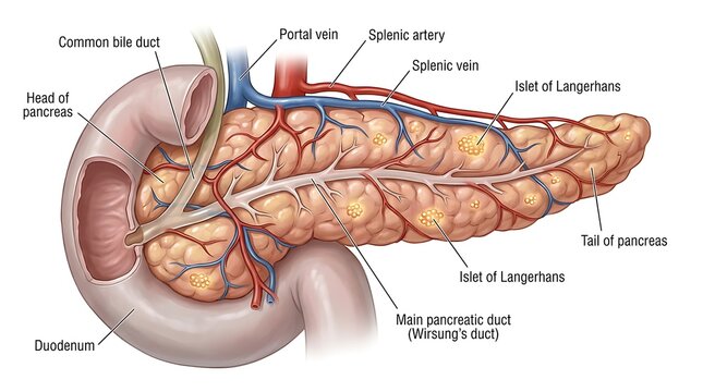 Educational anatomical illustration of the human pancreas with surrounding digestive organs digestive system human body anatomy chart