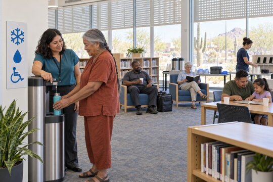 volunteer helps an older woman refill water at an accessible community cooling center where seniors, a wheelchair user, and a family rest during extreme heat indoors