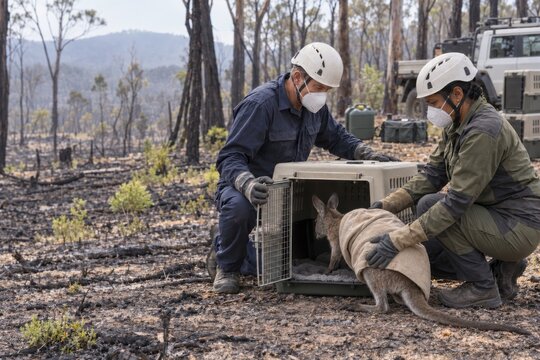 wildlife rescue workers gently guide a kangaroo into a transport crate after a forest fire, providing humane animal care amid charred trees and recovering vegetation