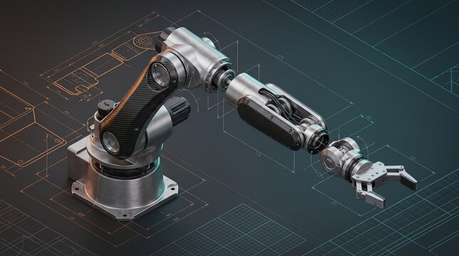 Industrial robotic arm with technical blueprint