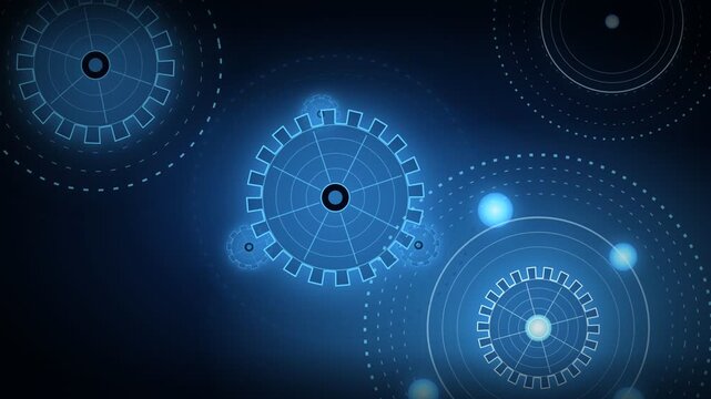Abstract technological illustration featuring interconnected blue glowing gear icons, radar lines, and concentric circles representing network connections.