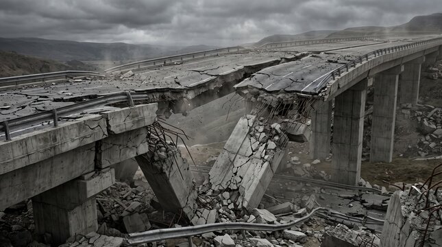 Collapsed concrete bridge spans jut precariously over a deep chasm after a devastating structural failure under heavy grey clouds.
