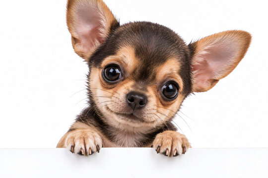 Close-up portrait of a small Chihuahua puppy with large ears, expressive brown eyes and front paws resting on a white surface
