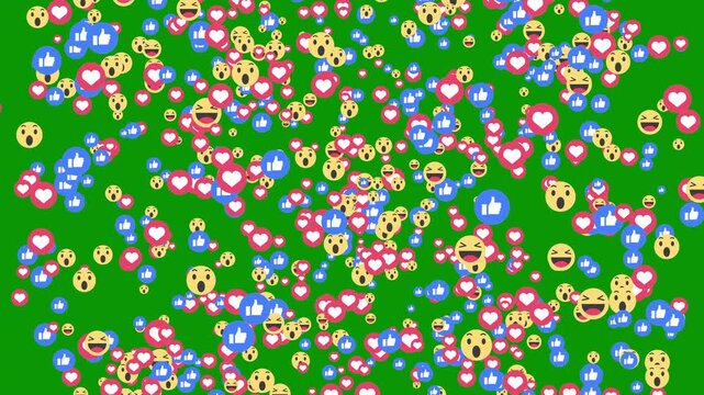 Stream of Facebook reactions rising from a single point, like, heart, wow and care emojis floating upward and disappearing shortly, HD alpha channel footage for social media content today