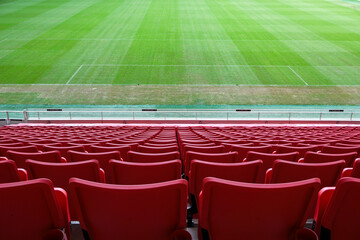 Green football pitch and red stands inside a modern arena © 向 陈