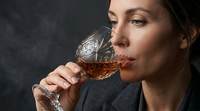 Elegant brunette woman tasting high quality golden brandy from a crystal glass against a dark smoky background