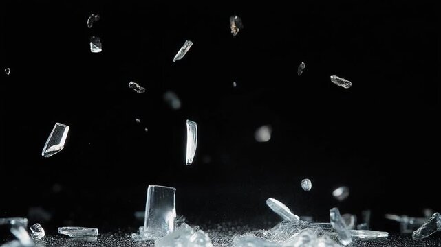 黒背景に粉々になったガラスの破片がゆっくりと舞う