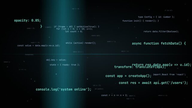 Floating fragments of programming code written in JavaScript and TypeScript displayed against a dark, minimalist space with scattered syntax elements.
