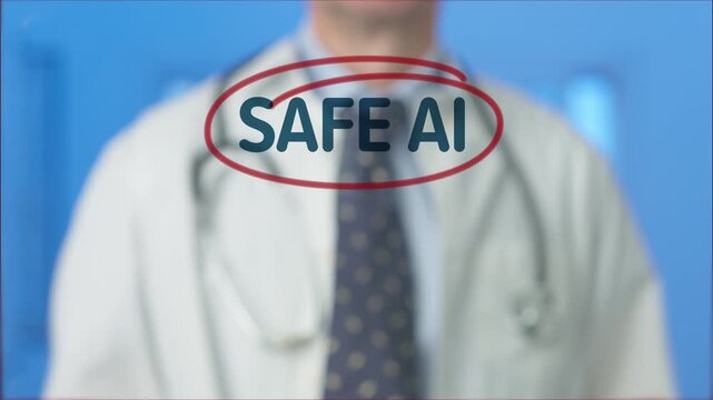 Doctor hand writing safe ai on a transparent screen, symbolizing ethical, secure artificial intelligence development in healthcare, research and clinical decision support