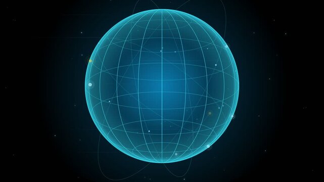 A blue wireframe sphere with grid lines and orbital rings on a dark space , representing a planet or celestial data model.