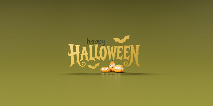 Happy Halloween. Funny pumpkins with Happy Halloween text on mustard green background. 3D Rendering, 3D Illustration