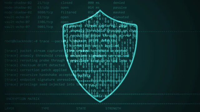 Digital cybersecurity concept with glowing shield and data encryption matrix. Abstract technology background showing secure network protection, system defense, and terminal code logs