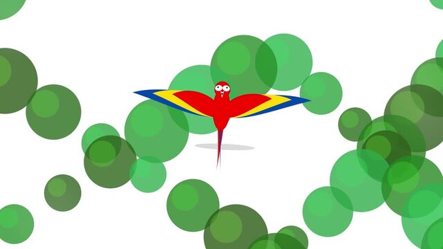Colorful Tropical Macaw Bird Flying Over Abstract Green Circular Patterns in a Minimalist Vector Illustration