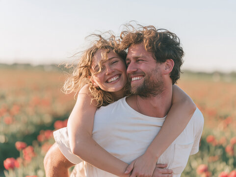 Happy Young Couple Having Fun Outdoors Man Giving Piggyback Ride to Woman
