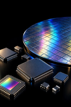黒い背景に並ぶ半導体ウエハーとマイクロチップのカラフルな反射