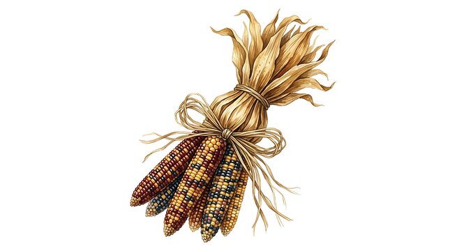 Decorative bundle of colorful flint corn cobs tied with raffia isolated on white background