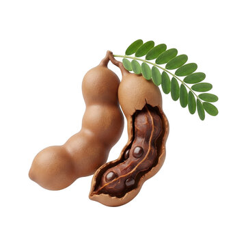 Fresh brown tamarind fruit pods green leaf
