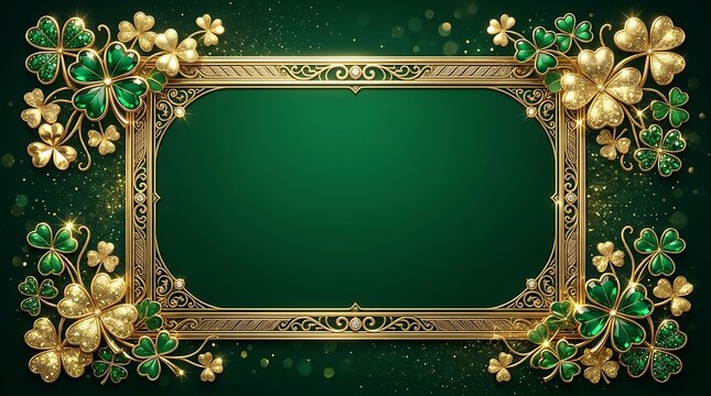 Ornate golden vintage frame decorated with green and gold glitter clovers for Saint Patricks Day background banner with copy space