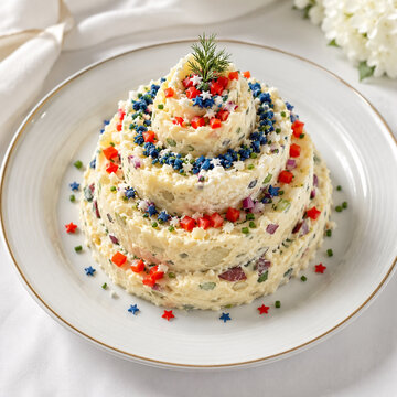 Festive tiered potato salad cake decorated for holiday celebrations