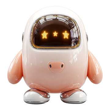 Cute service robot with soft, bubble like body and star shaped eyes, designed for friendly interaction. robot glossy surface and rounded features give it approachable appearance., isolated