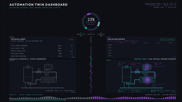 The Automation Twin Dashboard showcases the validation of machine logic before production startup, highlighting the split-screen view of physical and digital twin elements in vibrant colors.