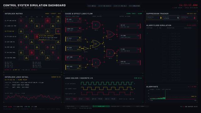Control system simulation dashboard showcases alarms, interlocks, and responses with dynamic visualizations and a dark-themed interface for monitoring operational integrity.