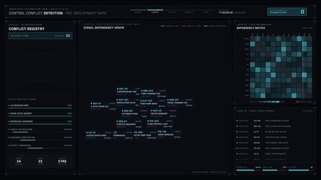 A detailed industrial automation twin dashboard visualizing control conflicts detection with real-time updates and a vibrant color scheme for enhanced clarity and engagement.