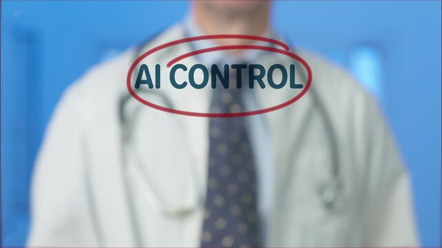 Doctor's hand writing ai control within a red circle on a transparent virtual screen, representing innovation and the future of artificial intelligence in healthcare technology