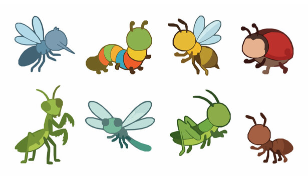 Cute Insect Collection for Kids with Mosquito, Caterpillar, Ladybug and Dragonfly