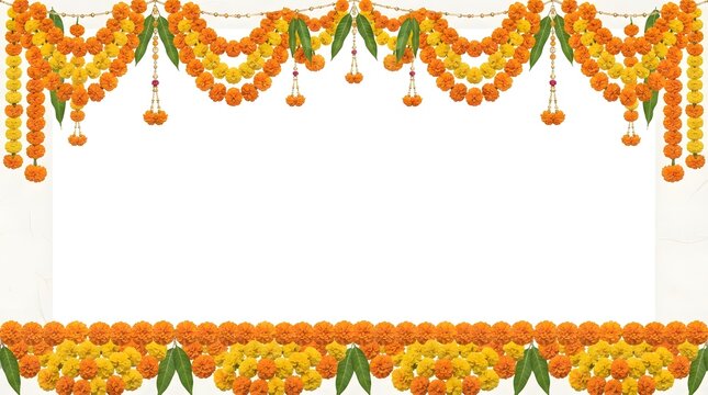 Traditional indian marigold flower garland border isolated on white background
