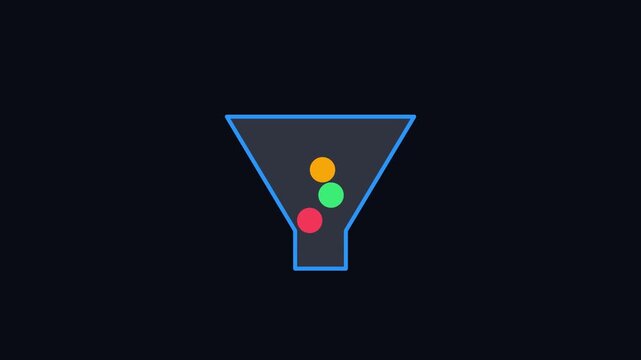 Animated funnel with colorful spheres dropping and sorting inside a dark interface
