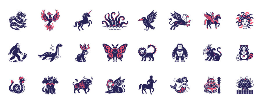 Comprehensive set of mythical creature flat vector icons for branding logo design and creative projects