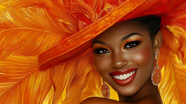 Smiling woman in vibrant orange feathered headdress.