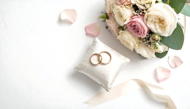 Two gold wedding rings on white satin cushion with bridal bouquet of roses on white background. Top view flat lay with copy space for invitation card.