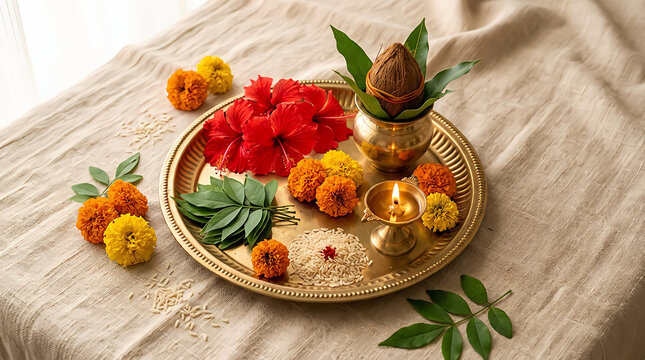 Traditional brass puja plate with flowers coconut and oil lamp for celebration