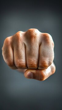 Close-up of a clenched fist, knuckles prominent against a dark background.