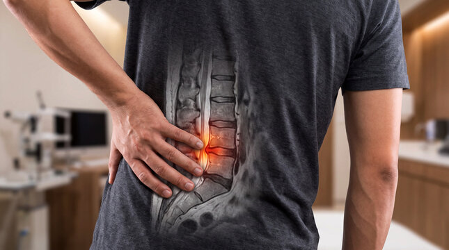 Man Experiencing Lower Back Pain with Lumbar Spine MRI Anatomy Overlay