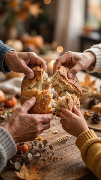 Hands Sharing Bread for Thanksgiving Gratitude Lifestyle Photography